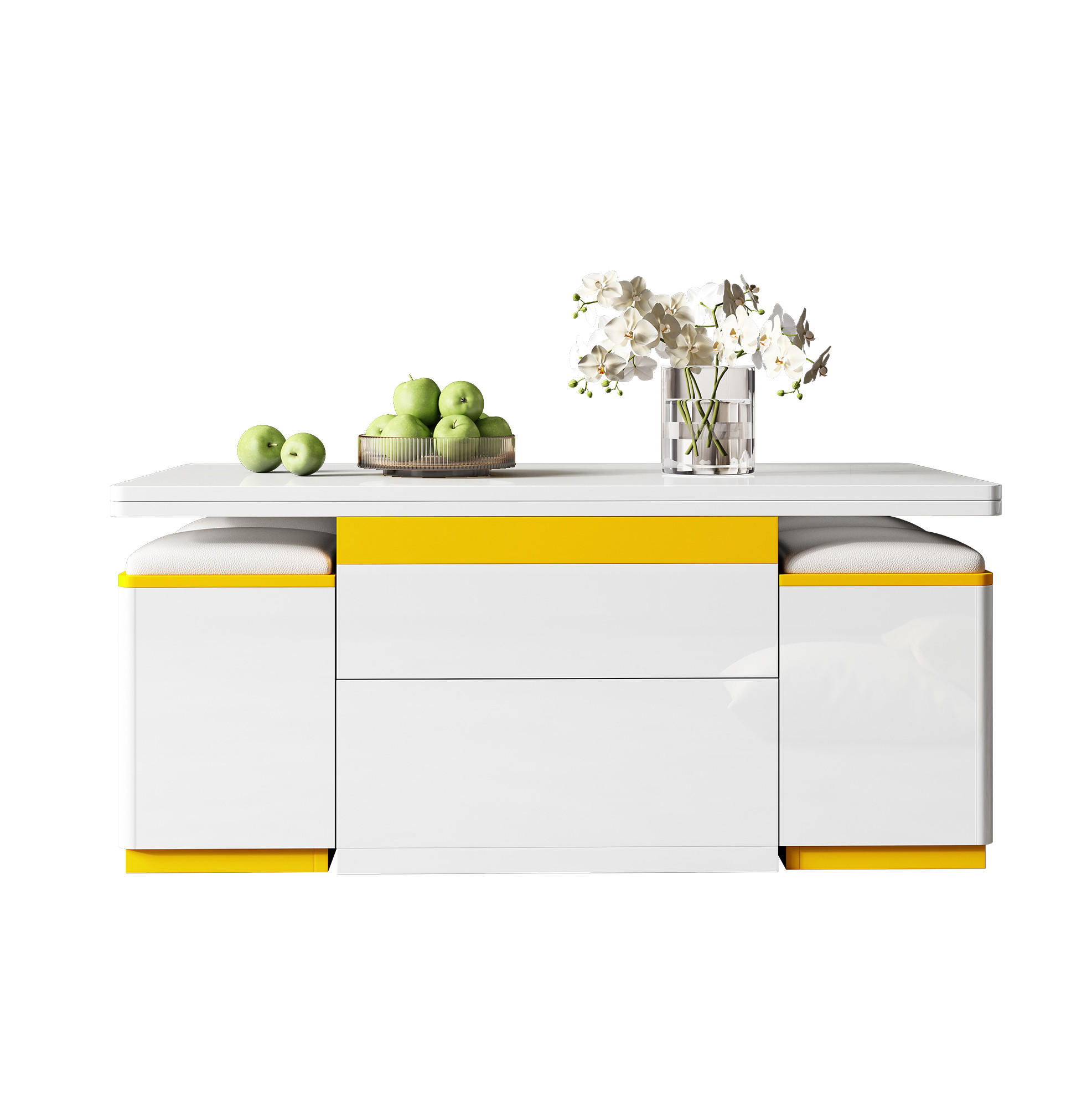 COUCHTISCH 100/50/43 cm höhenverstellbar mit Stauraum und 4 Hockern - Weiß, Holzwerkstoff (100/50/43cm) - Flora Grace