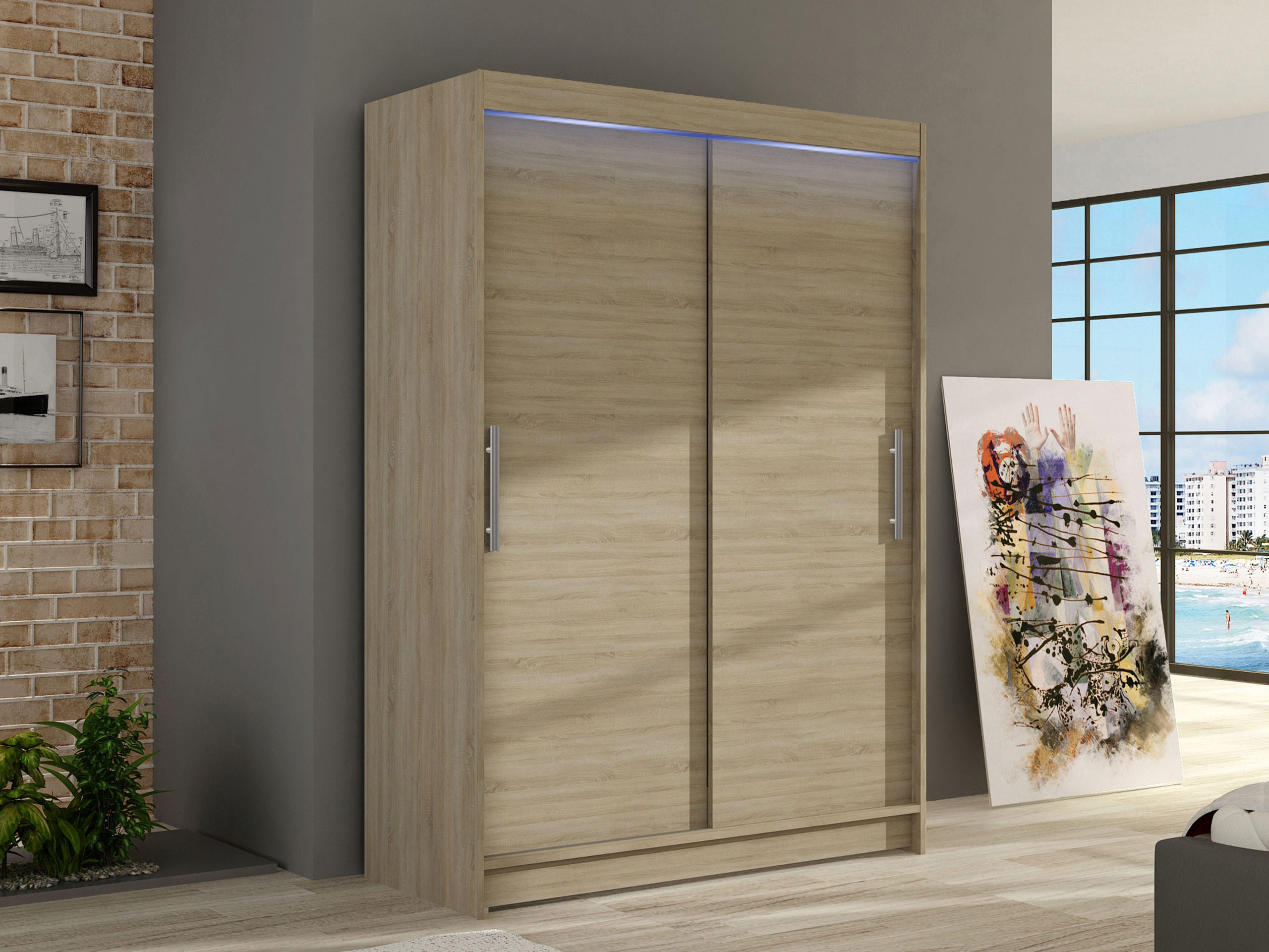 KLEIDERSCHRANK Miami I, mit RGB LED Beleuchtung - Silberfarben/Sonoma Eiche, Holzwerkstoff/Kunststoff (120/200/58cm) - MIRJAN24