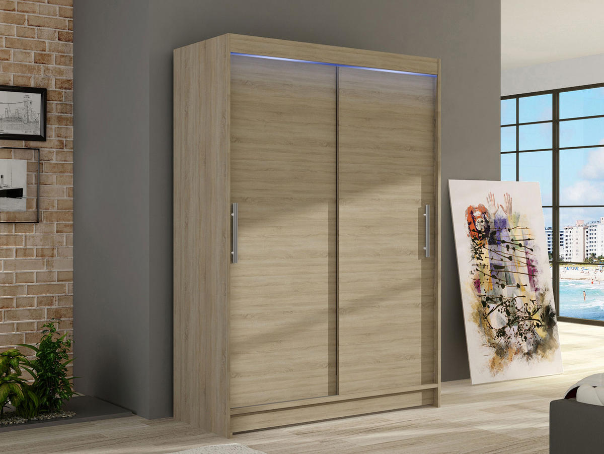 KLEIDERSCHRANK Miami I, mit RGB LED Beleuchtung - Silberfarben/Sonoma Eiche, Holzwerkstoff/Kunststoff (120/200/58cm) - MIRJAN24