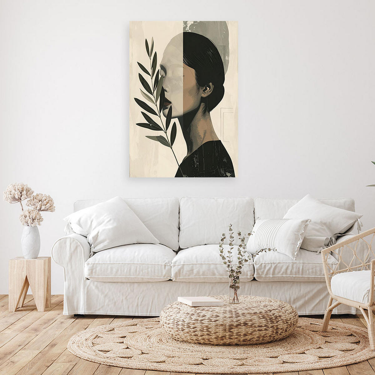 BILD auf Leinwand, Profil einer Frau mit einem Ast im minimalistischen Stil - Grün, Textil (20/30cm) - Feeby
