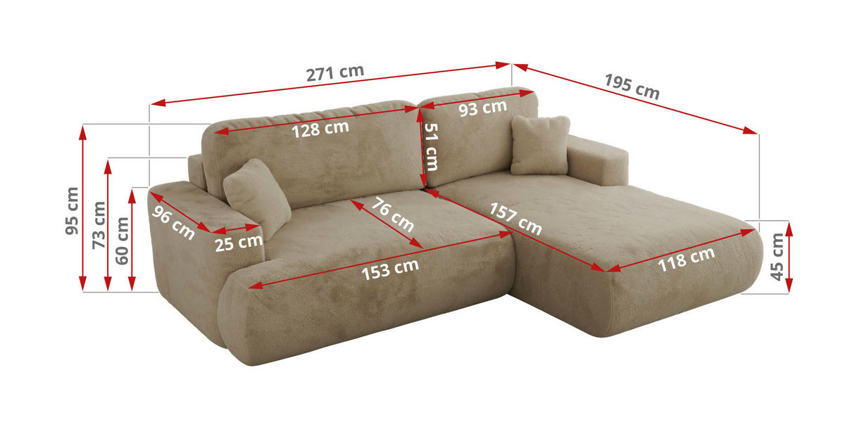 ECKSOFA OVO L Beige Plüsch - Links Seite - Beige/Schwarz, Kunststoff/Textil (271/195cm) - MKS