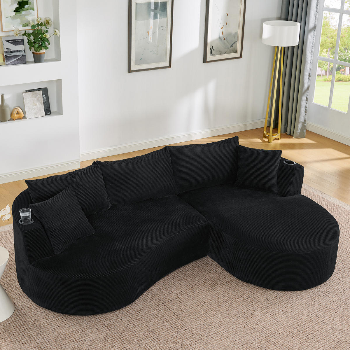 3-SITZER ECKSOFA Cord Schwarz mit Getränkehaltern und Kissen - Schwarz, Textil (264/168cm) - WISHDOR