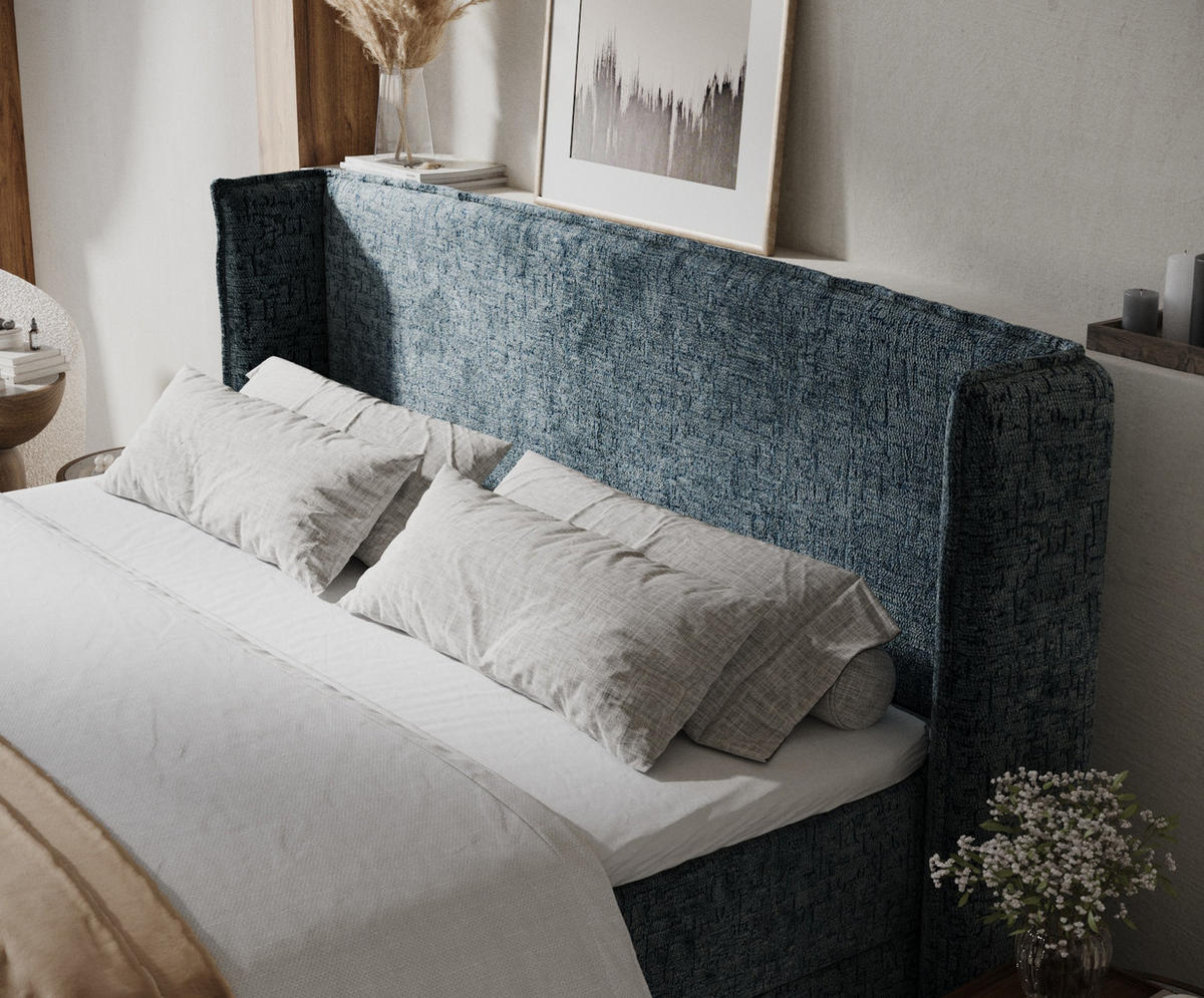 BOXBETT Skyline Blau Grau 200/200 cm mit Matratze und Topper - Blaugrau/Schwarz, Holz/Holzwerkstoff (200/200cm) - Maison de Reve