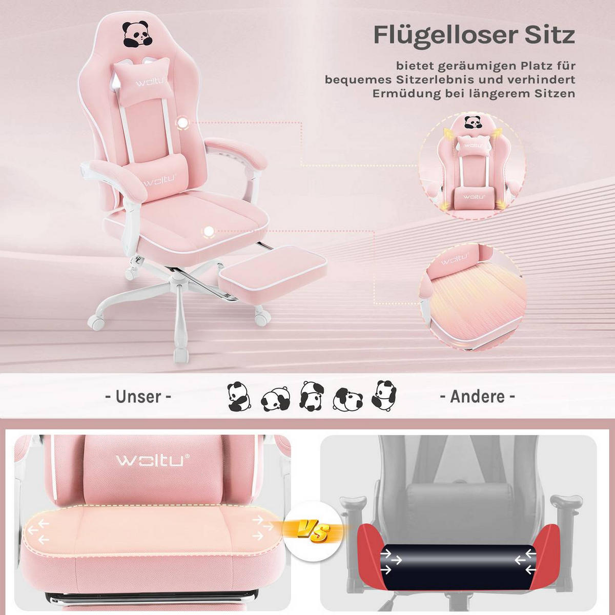 GAMINGSTUHL mit Taschenfederkissen, Netzstoff, Rosa - Weiß/Rosa, Textil/Metall (70/125.5/70cm) - Woltu