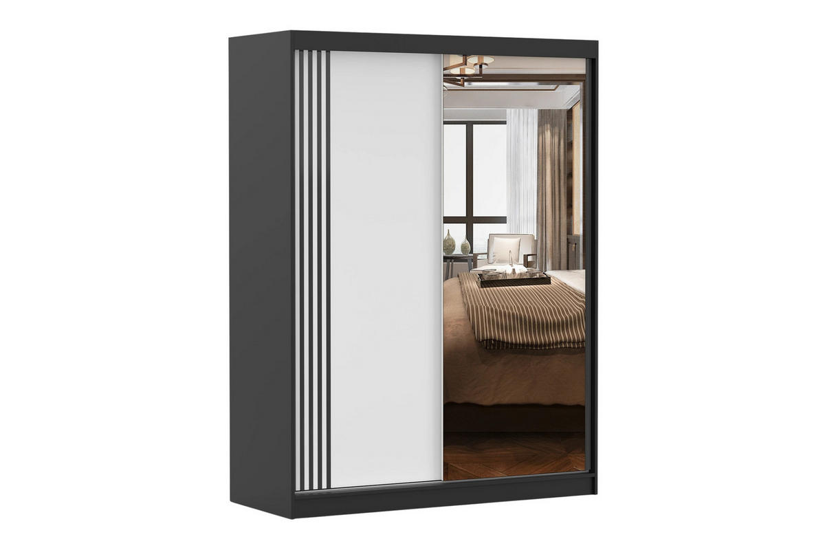 SCHWEBETÜRENSCHRANK VELMA 07 150/200 in Schwarz/Weiß mit Spiegel und LED - Schwarz/Weiß, Holzwerkstoff (150/61/200cm) - Deine Möbel 24