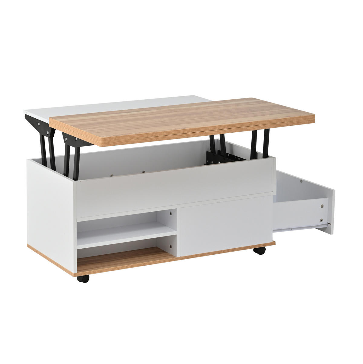 COUCHTISCH 100/98/65 cm höhenverstellbar mit hydraulischen Tischplatten, Stauraum und Rollen, Spanplatte, Weiß/Naturholz - Weiß, Holzwerkstoff (100/98/65cm) - Redom