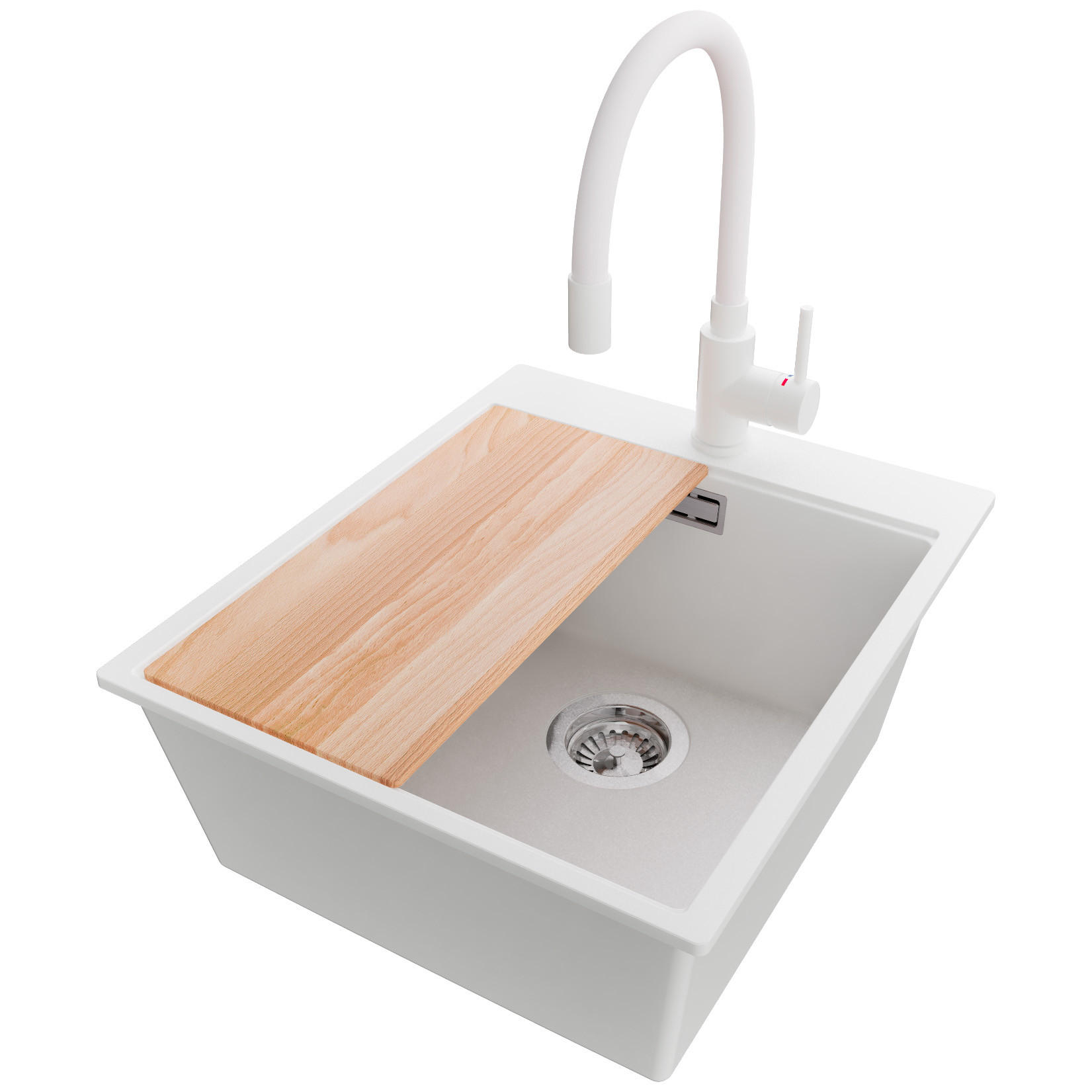 GRANITSPÜLE Oslo, 4-er set Weiß 43/50 cm, 1 Becken + Küchenarmatur 38/14 cm + Ablauf-Set + Schneidebrett ab 45er Unterschrank - Chromfarben/Beige, Kunststoff (43/20/50cm) - Primagran
