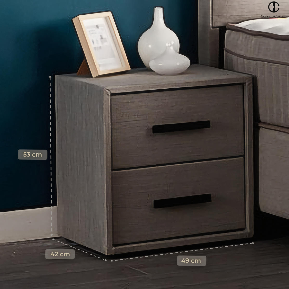 NACHTTISCH SEVILLA 49/42/53 cm, Grau, zwei Schubladen - Schwarz/Grau, Holz/Kunststoff (49/53/42cm) - Consilio Concept