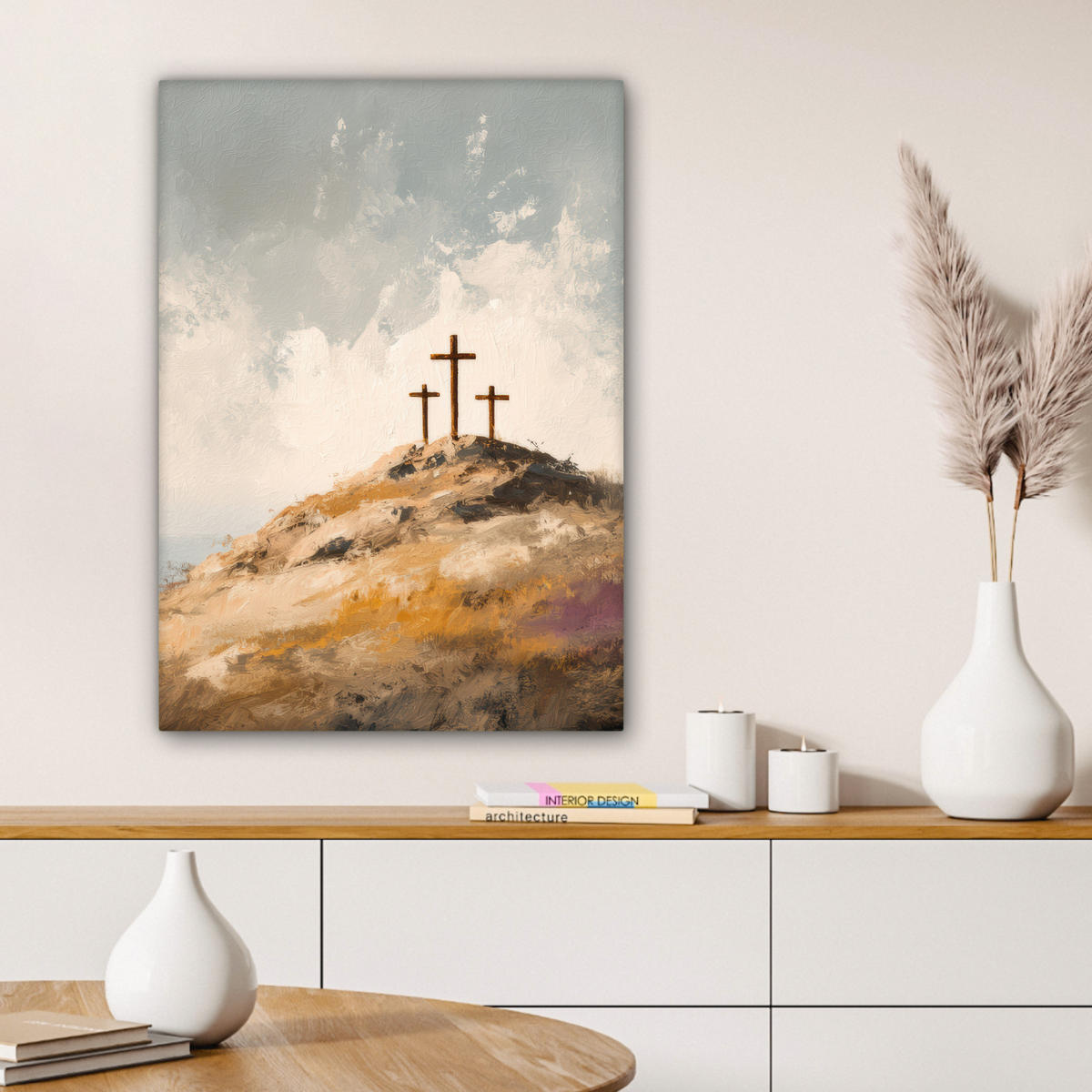 LEINWANDBILD Hügel - Abstrakt - Christentum - Kreuz Wandbild Wohnzimmer 60x80 cm - Hellgrau, Textil (60/80cm) - MuchoWow