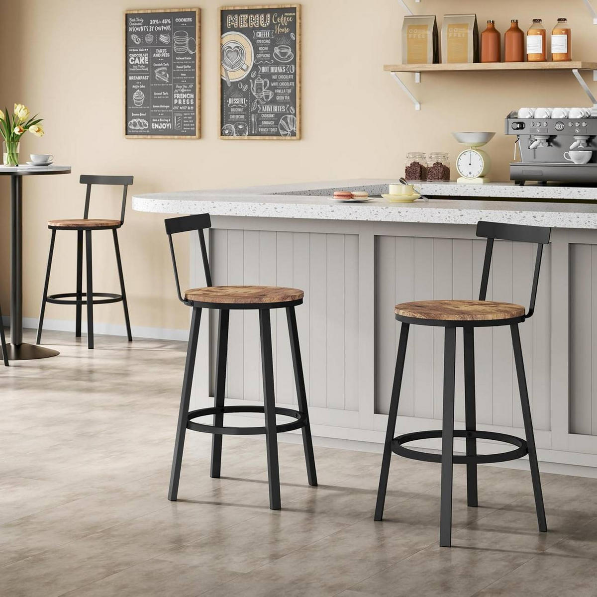 BARHOCKER 4er Set mit Lehne, Vintagebraun - Dunkelbraun/Schwarz, Holzwerkstoff/Metall (51.5/89/51.5cm) - Woltu