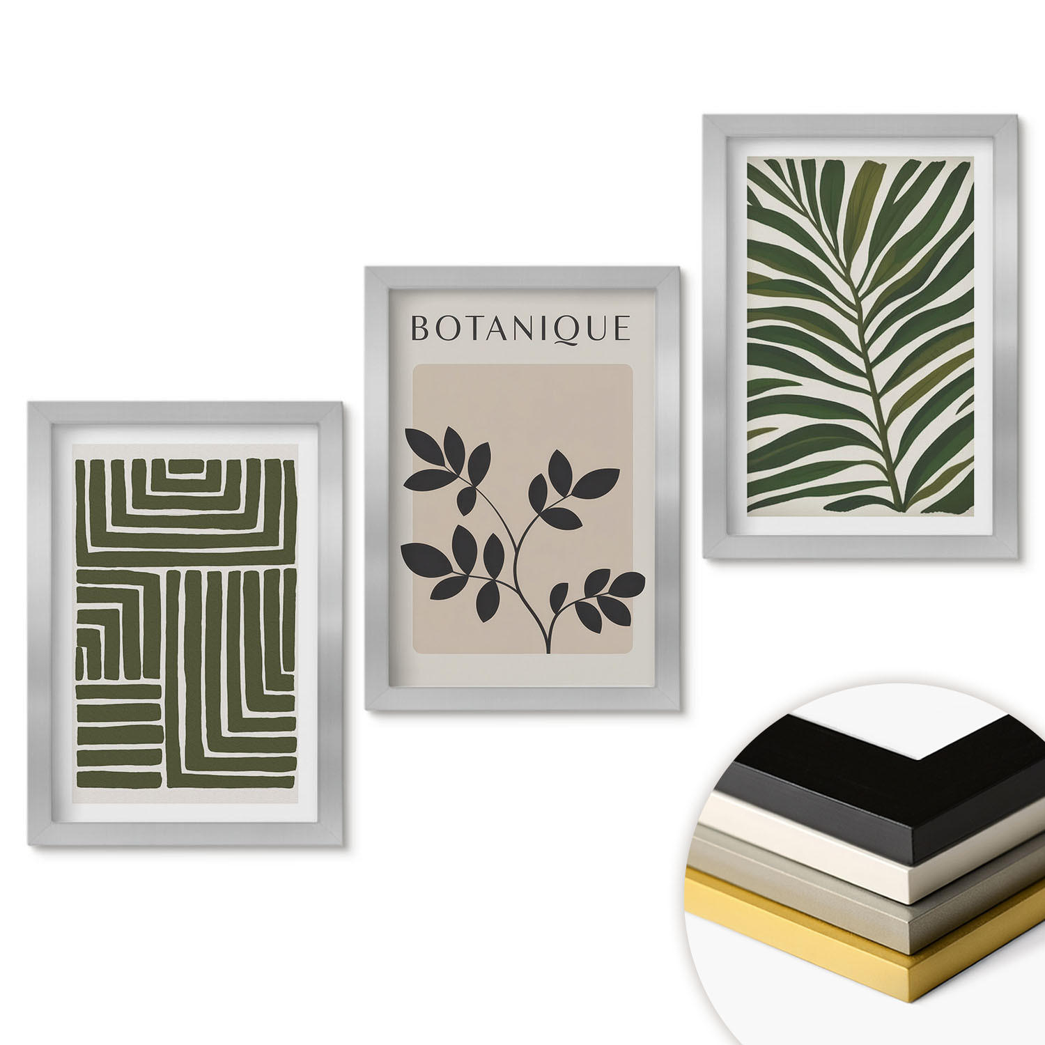 WANDBILDER 3er Set - 20x30 cm Silberner Rahmen - Botanischer Boho-Minimalismus - Silberfarben, Kunststoff (20/30cm) - ArtPrintCave