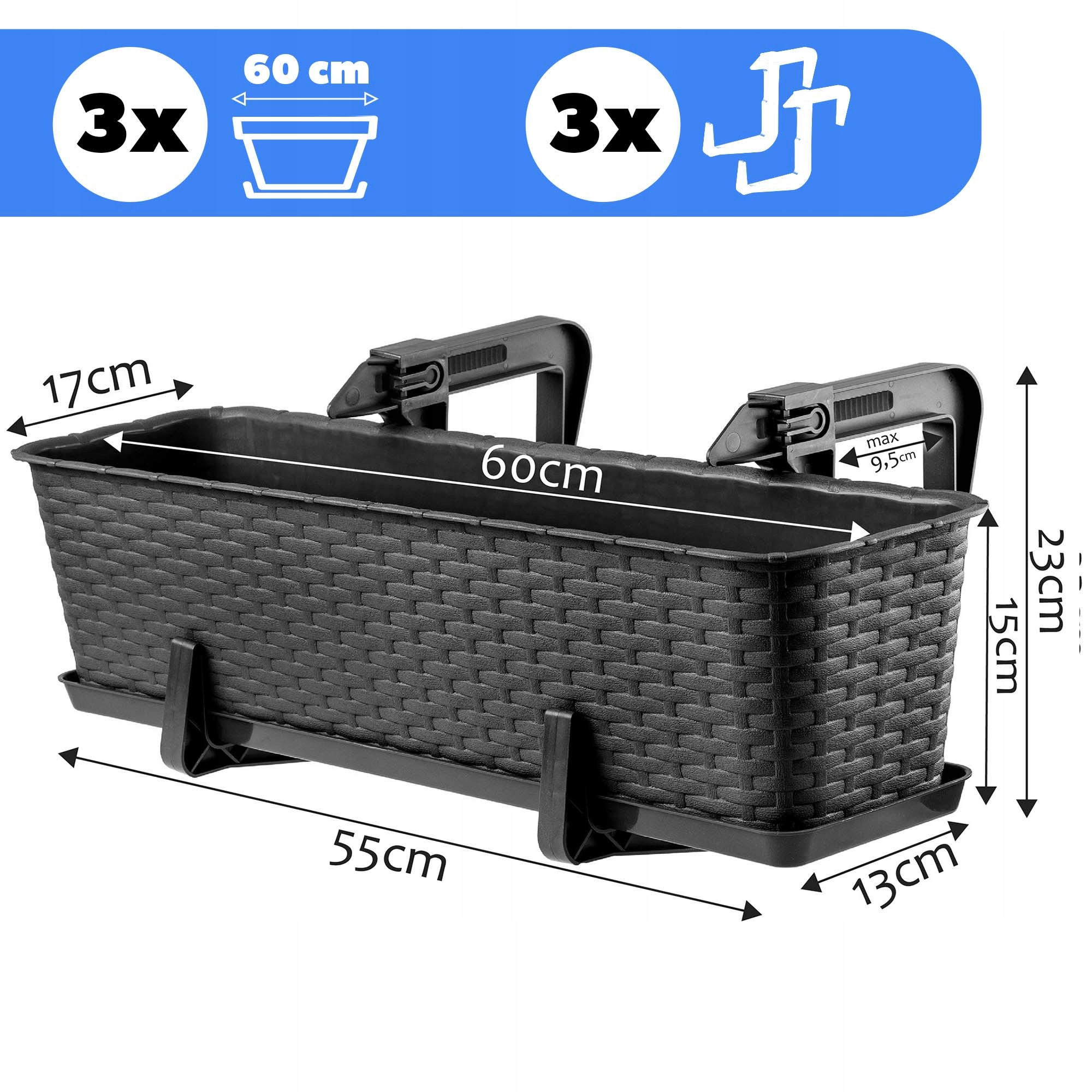 BALKONKASTEN mit Griffen, Anthrazit, 60 cm, 3 Stk. - Anthrazit, Kunststoff (17/60cm) - KADAX