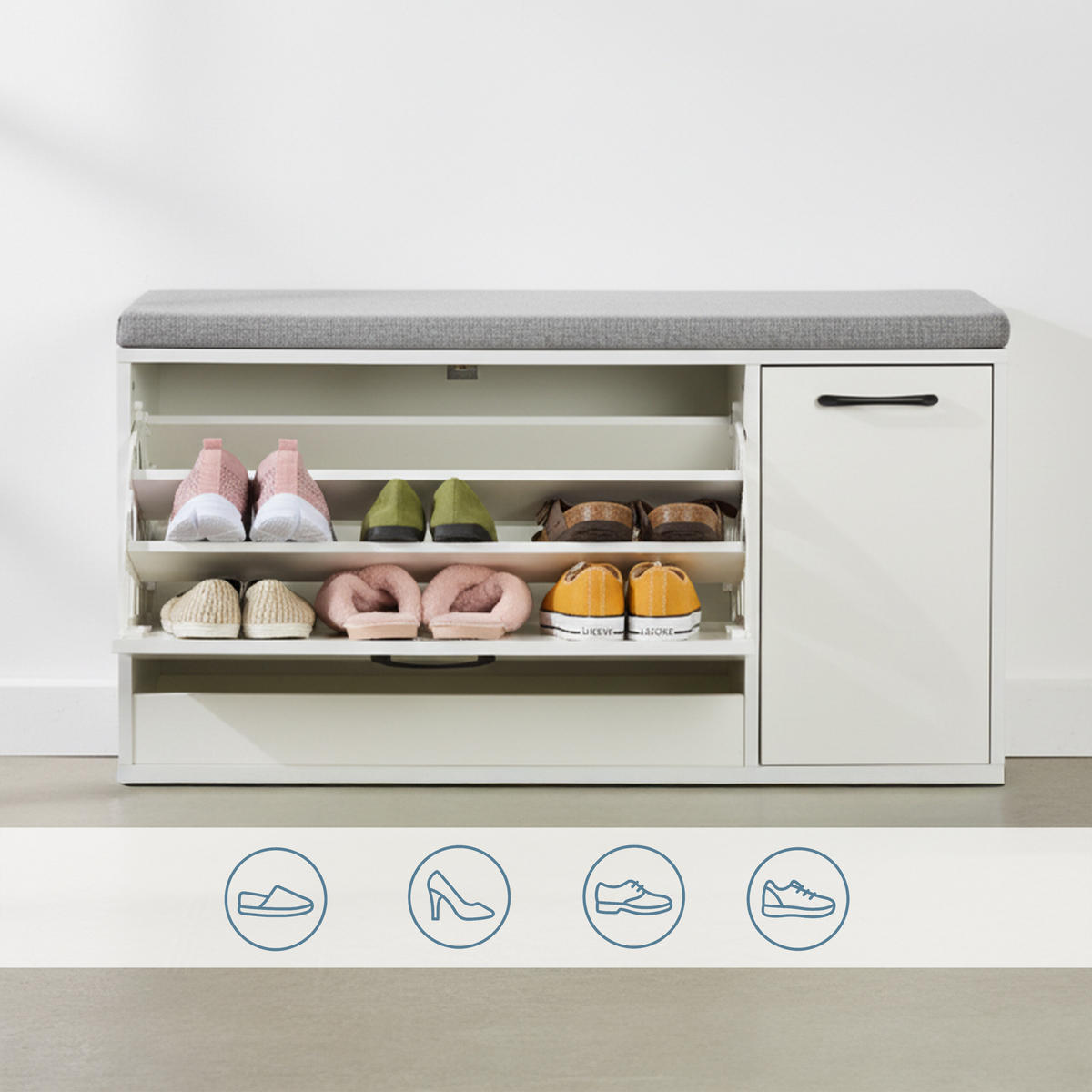 SCHUHBANK - Weiß, Holzwerkstoff/Textil (100/53/37cm) - Relaxdays