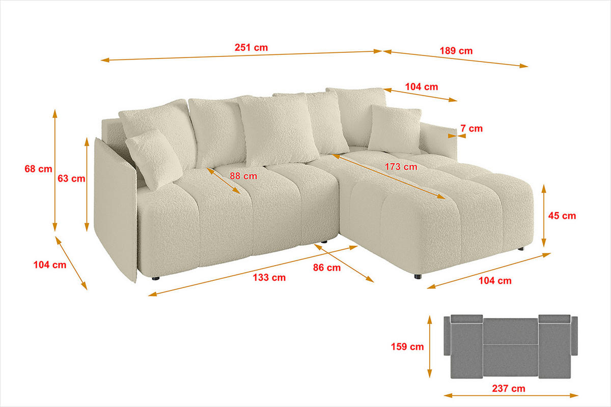 ECKSOFA Ottomane rechts LONLI-L 251x189x68 Creme Bouclé - Creme, Holzwerkstoff/Kunststoff (189/251cm) - ALTDECOR