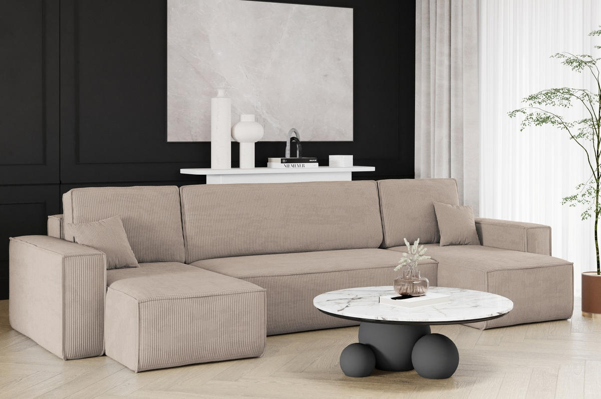 ECKSOFA Mit Schlaffunktion Und Bettkasten BEST Dicker Cord Poso Dunkelbeige - Beige/Braun, Holz/Textil (312/142cm) - Kaiser Möbel