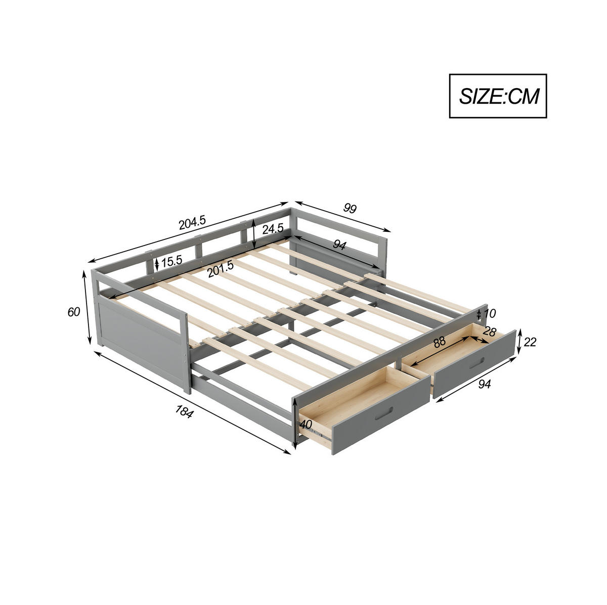 BETT aus Kiefernholz 90/180x200 cm Grau mit Ausziehfunktion und 2 Schubladen - Grau, Holzwerkstoff (90/200cm) - Modfu
