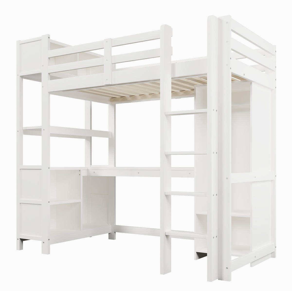 VYSOKÁ posteľ 90/200 cm biela/prírodná z borovice a MDF s písacím stolom policami a šatníkom - biela, kompozitné drevo (90/200cm) - OKWISH