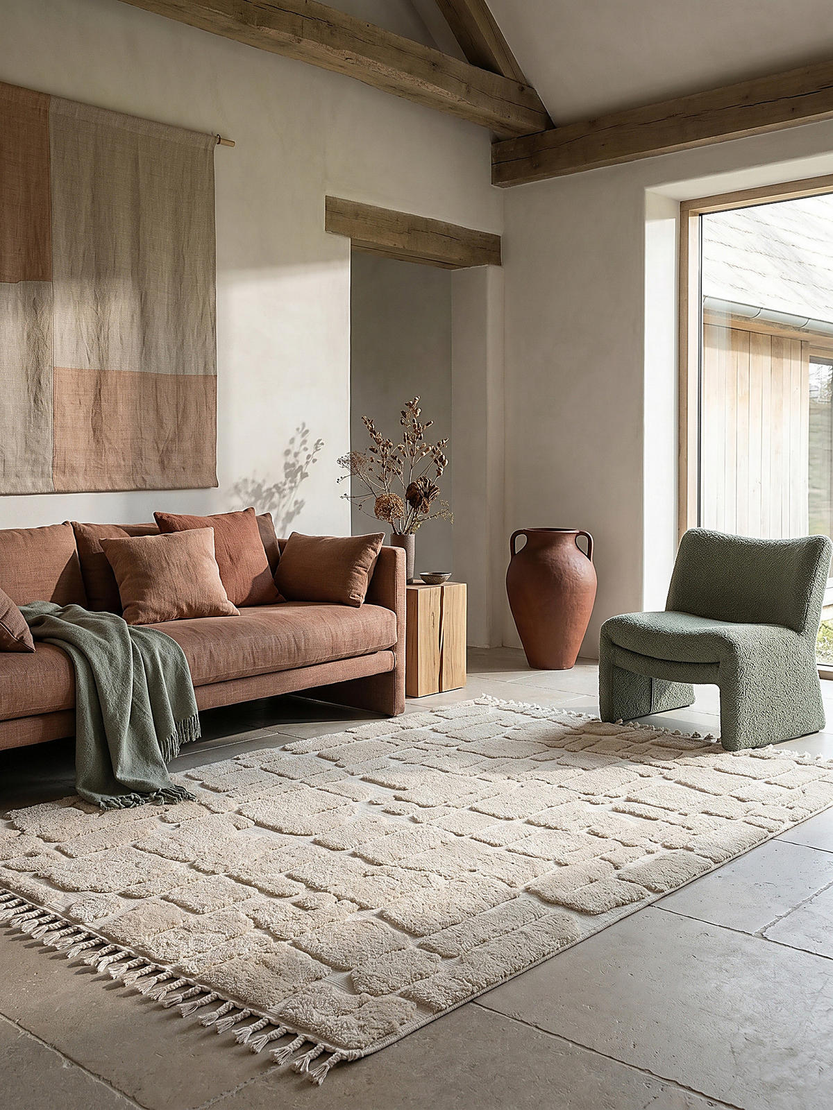 HOCHFLORTEPPICH mit Fransen MARA, geometrisch, Creme, 200 x 300 cm - Beige, Textil (300/200cm) - KADIMA DESIGN