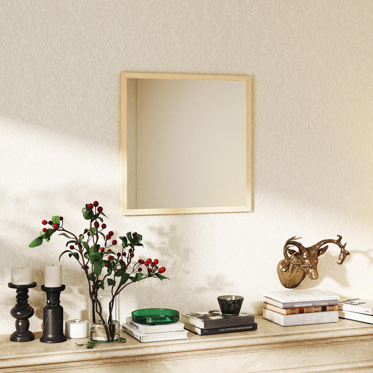 WANDSPIEGEL DE-14338 quadratisch 50x50 cm, mit natürlichem Rahmen Natur - Naturfarben, Glas (50/50/2cm) - ComfortXL