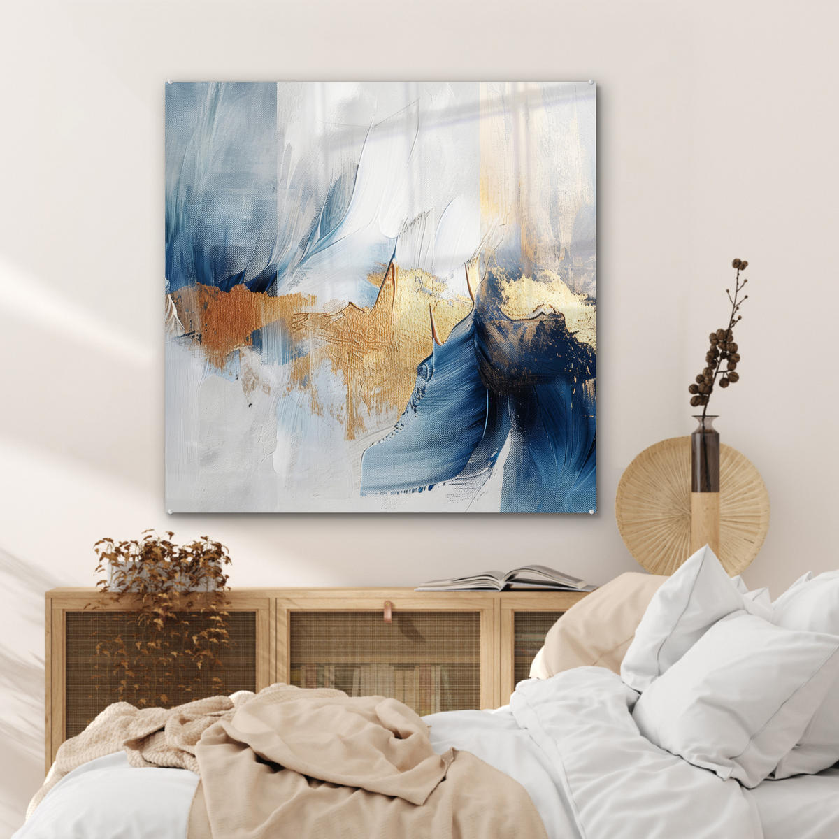 ACRYLGLASBILD Gold - Blau - Aquarell - Kunst - Modern 90x90 cm - Hellblau, Glas (90/90cm) - MuchoWow
