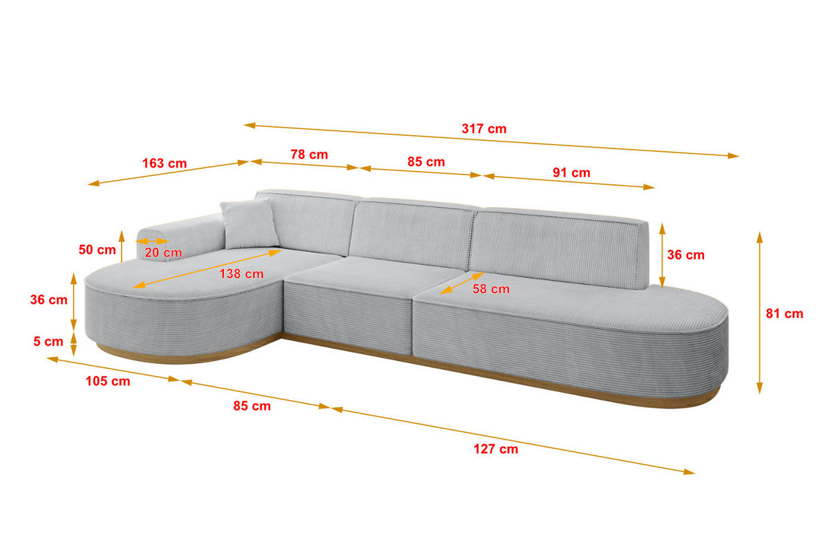 ECKSOFA Ottomane Links MARI-L2-v2 - 328x171x83 cm Grau Cord - Grau, Holzwerkstoff/Textil (328/171cm) - ALTDECOR