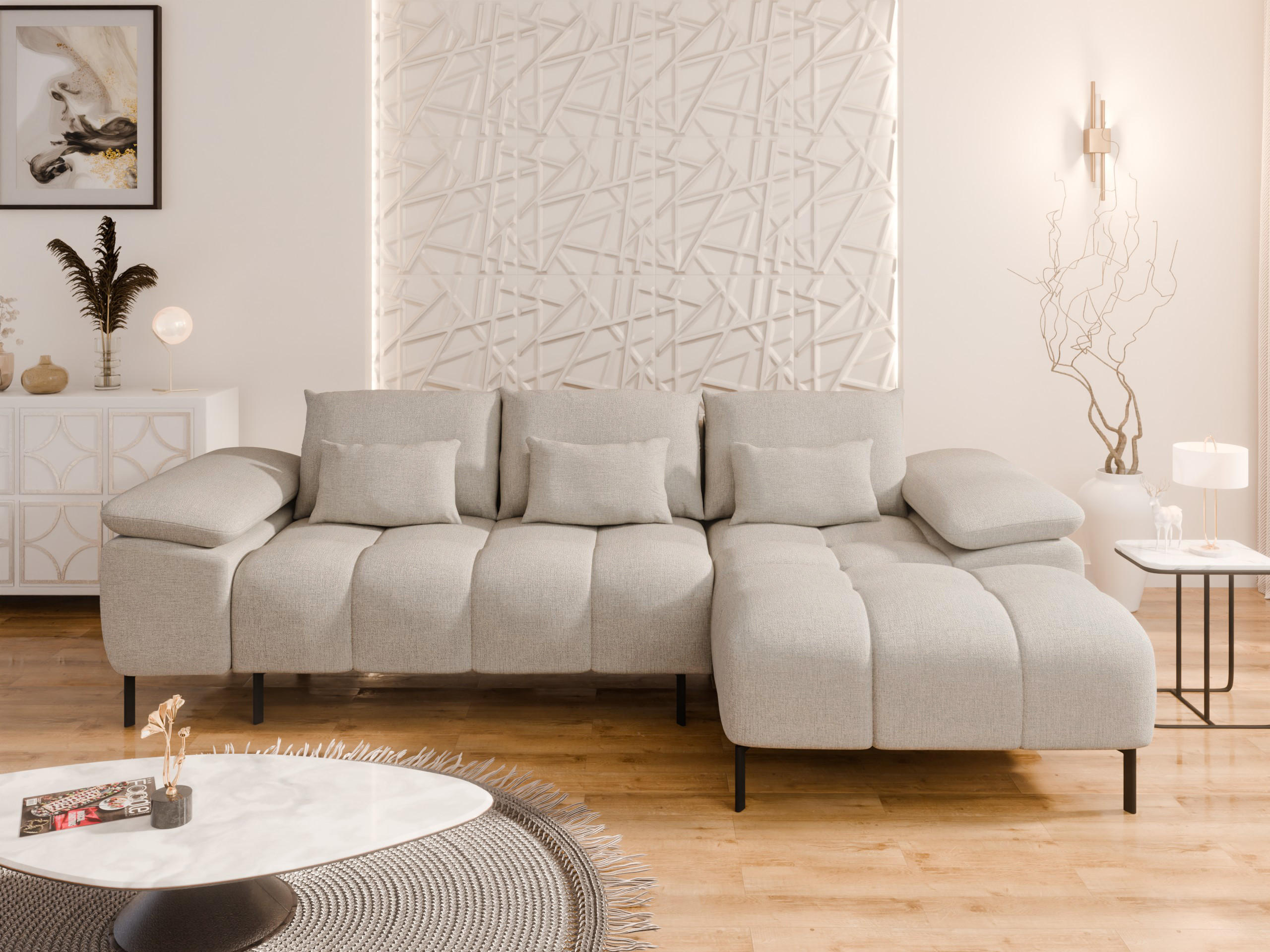 ECKSCHLAFSOFA 4-Sitzer DOLUS – Modernes Ecksofa mit Schlaffunktion Links montierbar , Ecru - Ecru, Holz (141/277cm) - Panda Möbel