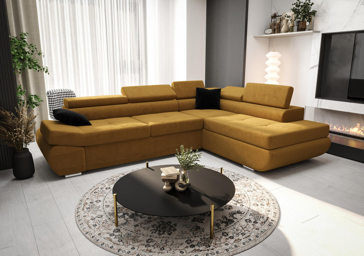 ECKSOFA KONGO RBN03, Eckcouch in L-Form mit Schlaffunktion, Farbe: Gelb, Velourstoff, Ottomane Rechts - Gelb, Textil (280/200cm) - O-Sofa