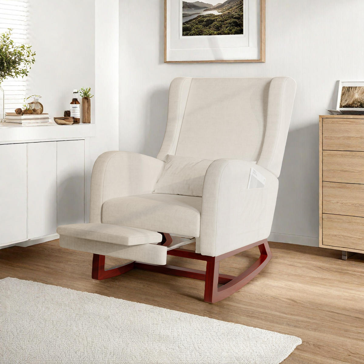 SCHAUKELSTUHL beige samt beinauflage kissen inkl - Beige, Holzwerkstoff (64/99/67cm) - SHOPENTRA