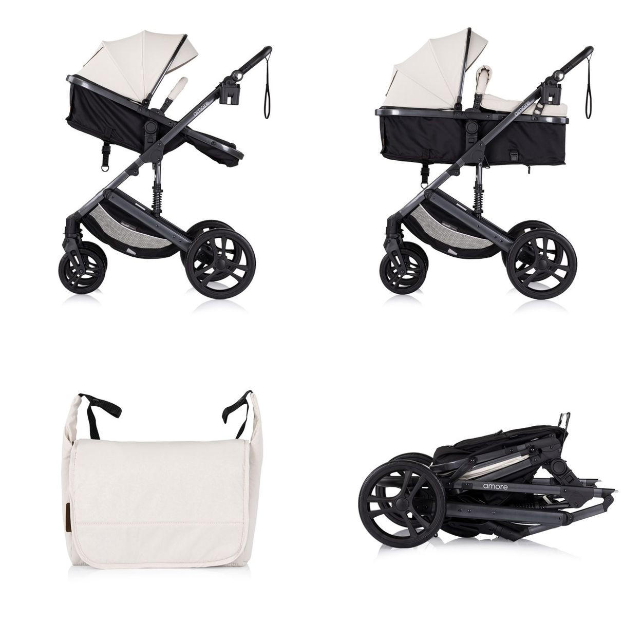 KOMBIKINDERWAGEN 2 in 1 Amore creme Getränkehalter Wickeltasche Fußabdeckung Korb - Beige, Metall (95/63/105cm) - Chipolino