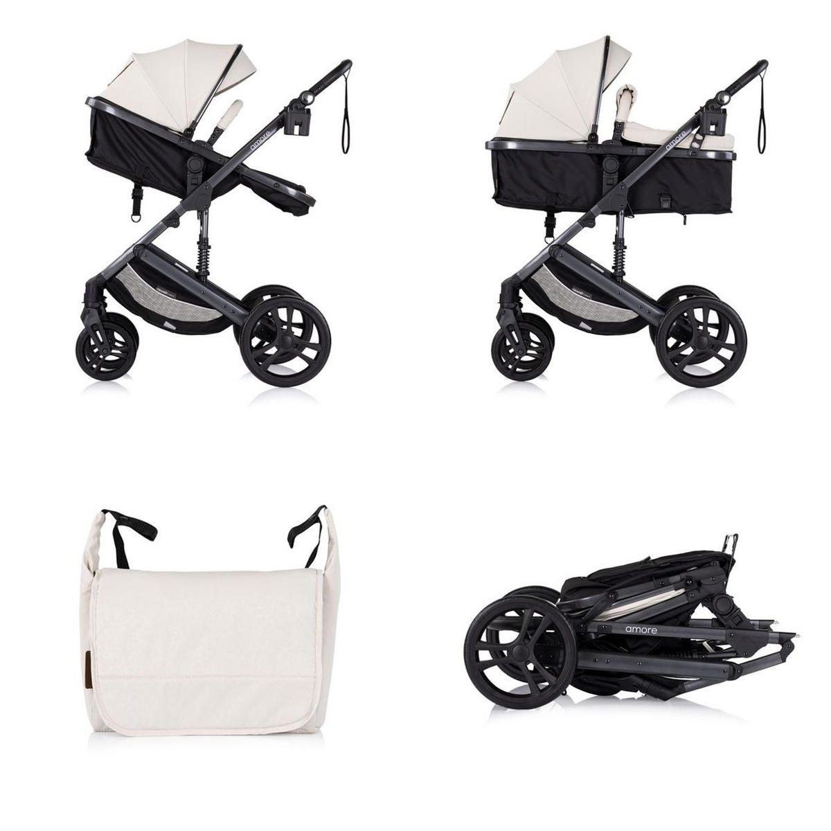 KOMBIKINDERWAGEN 2 in 1 Amore creme Getränkehalter Wickeltasche Fußabdeckung Korb - Beige, Metall (95/63/105cm) - Chipolino