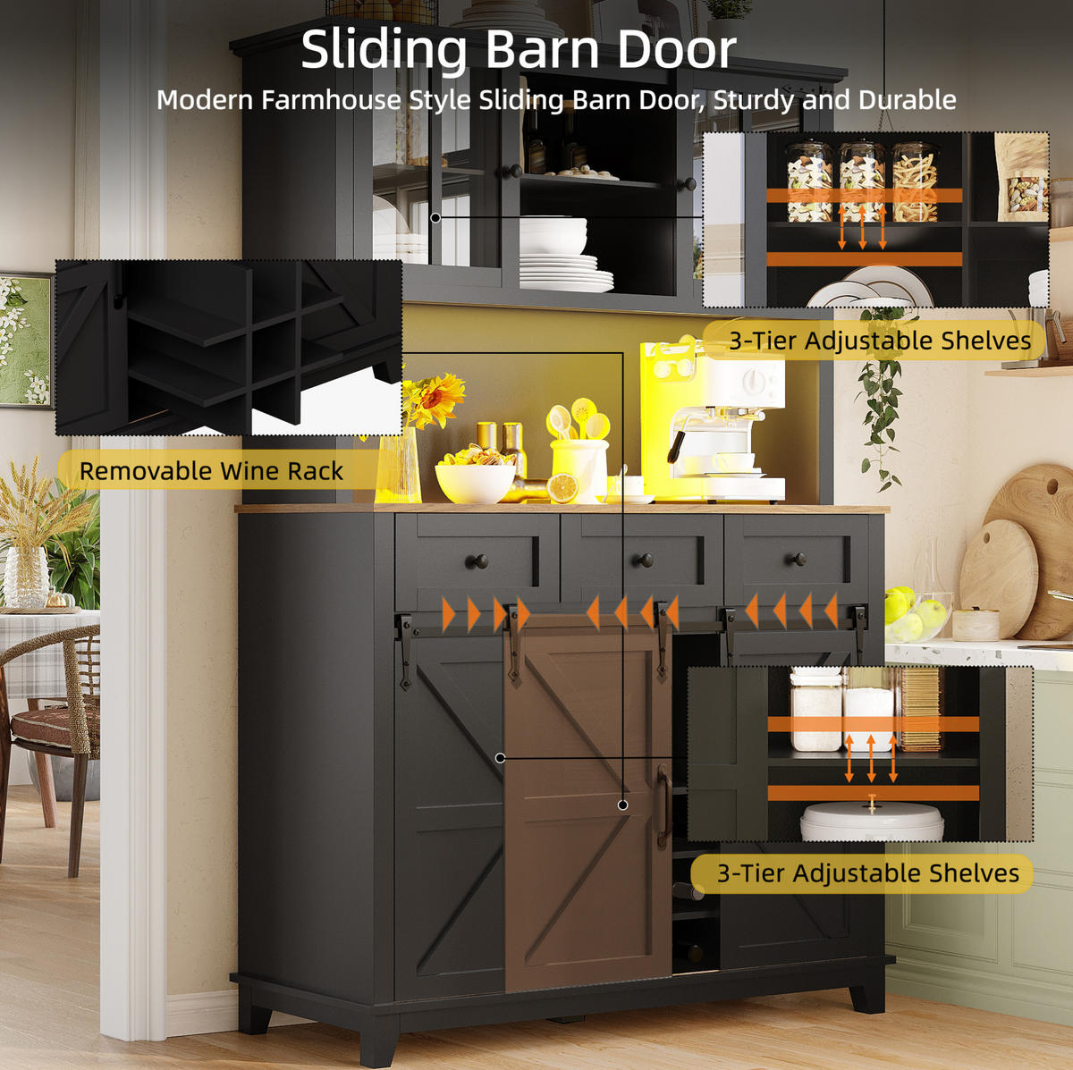 BUFFET 105/180/38,4 cm Schwarz aus MDF mit LED-Beleuchtung - Schwarz, Holzwerkstoff (38.4/180/105cm) - OKMYHOME