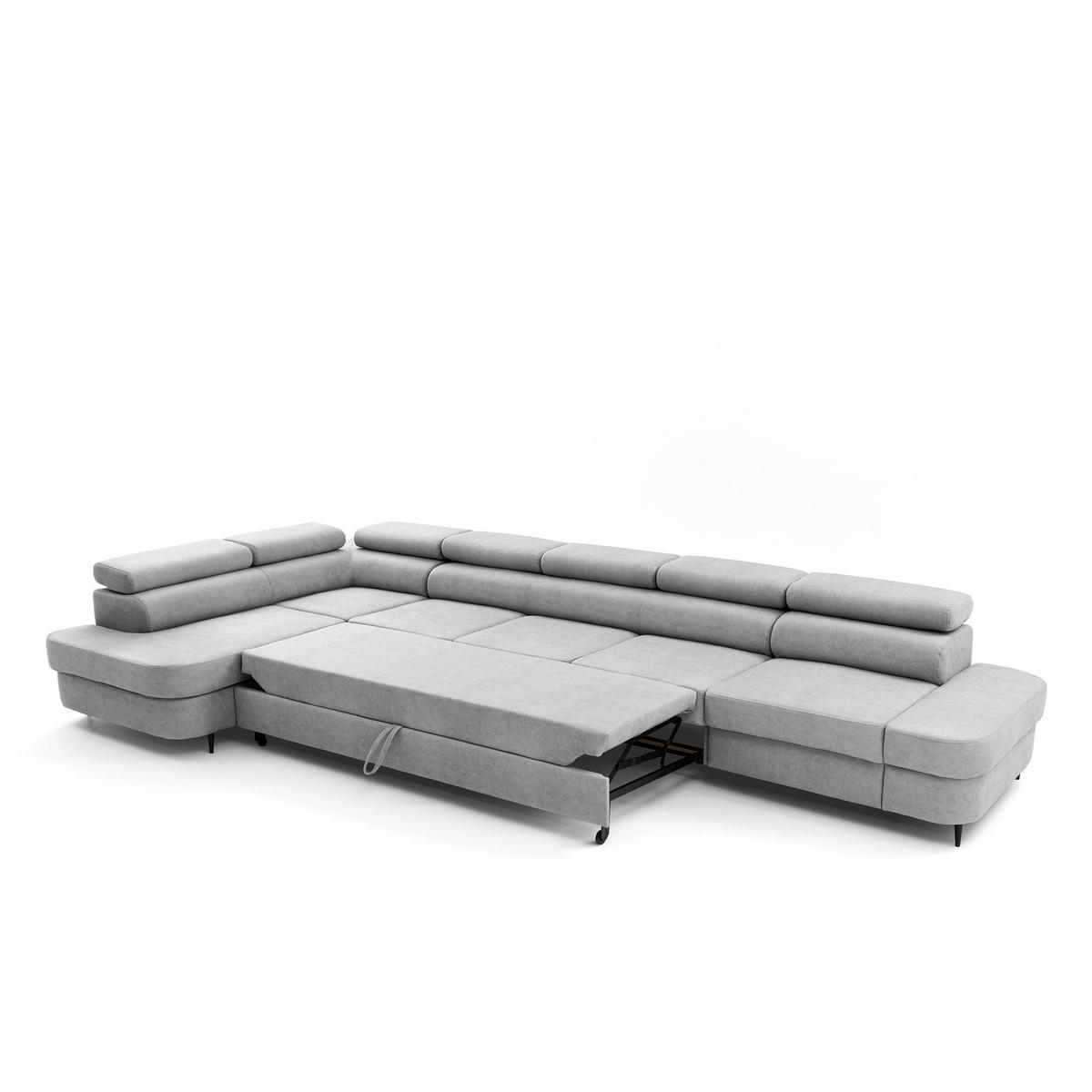 ECKSOFA PRIAM XXL L-Form Links mit Schlaffunktion 125x265 Velours Hellgrau - Hellgrau/Schwarz, Holz/Textil (203/420cm) - Muffo