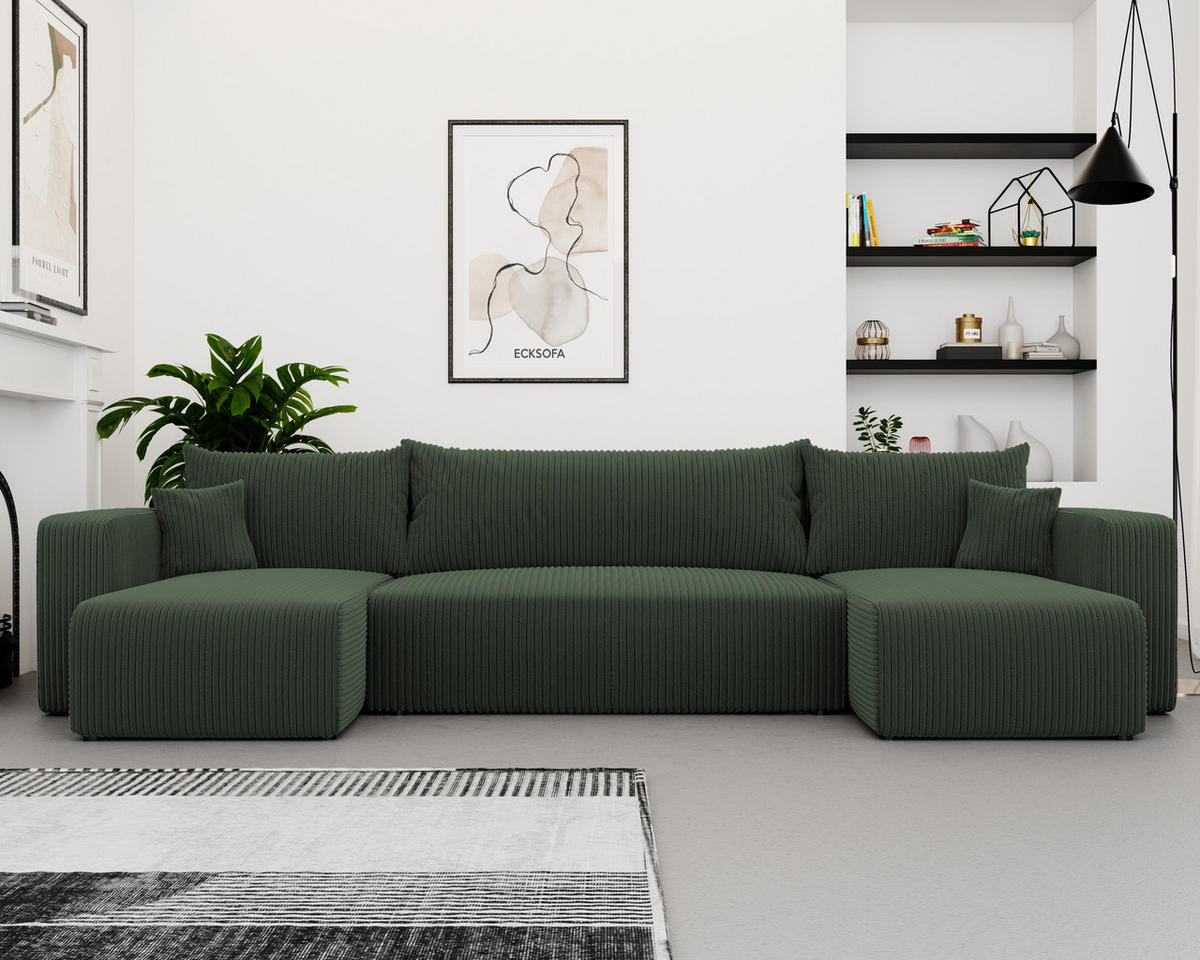 WOHNLANDSCHAFT mit Schlaffunktion und Bettkasten, Grün - Schwarz/Grün, Kunststoff/Textil (318/79/145cm) - Idohome