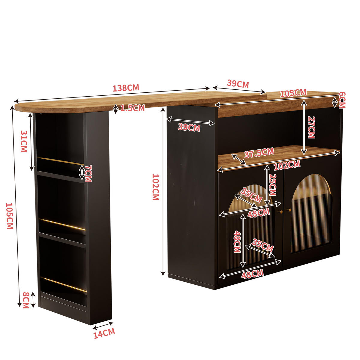 BARSCHRANK Schwarz 138/39/105cm - Braun, Holzwerkstoff/Metall (39/105/138cm) - Urban Meuble