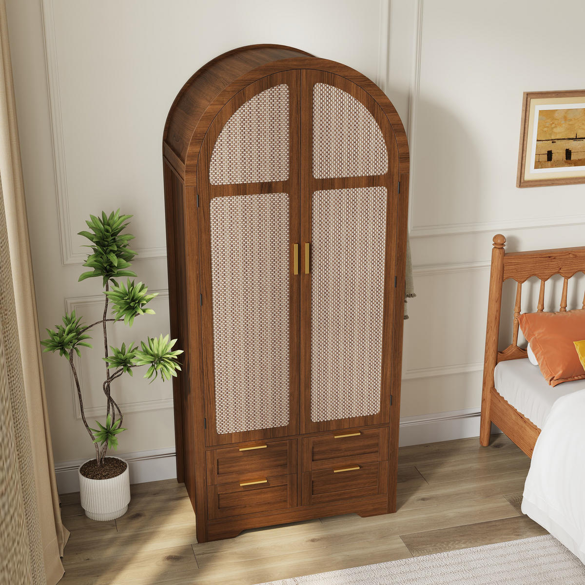 KLEIDERSCHRANK Gebogene Türen Stauraum Schubladen Schlafzimmer - Walnussfarben, Holzwerkstoff (50/179/80cm) - FLIEKS