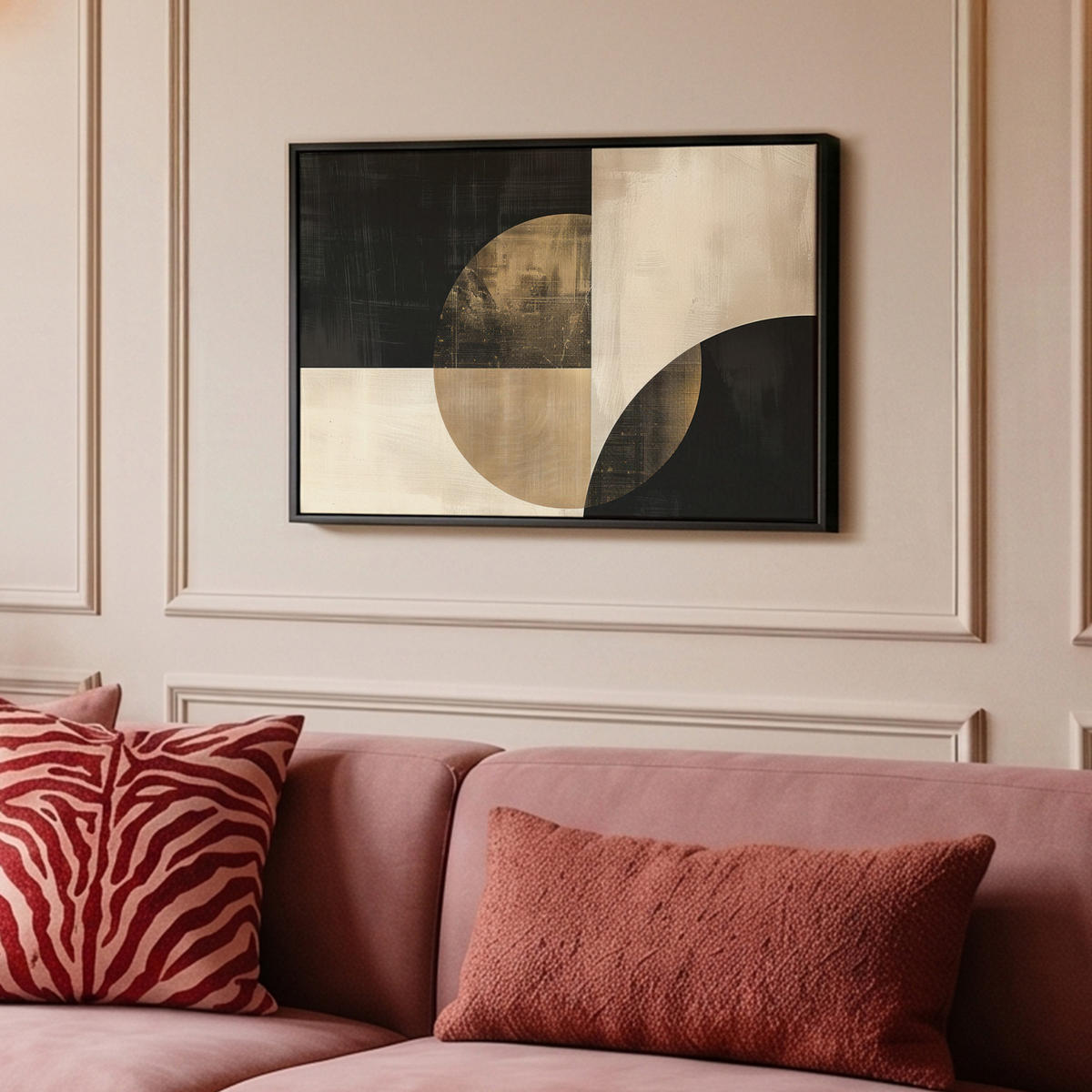LEINWAND Bilder mit Rahmen - Abstrakt - Geometrische Formen - Schwarz - Gold - 60x40 - Ecru, Textil (60/40cm) - MuchoWow