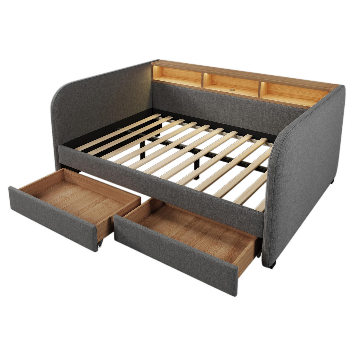 TAGESBETT 140/190 cm DE-00618, in Grau, LED und 2 Schubladen - Grau, Metall (140/190cm) - ComfortXL