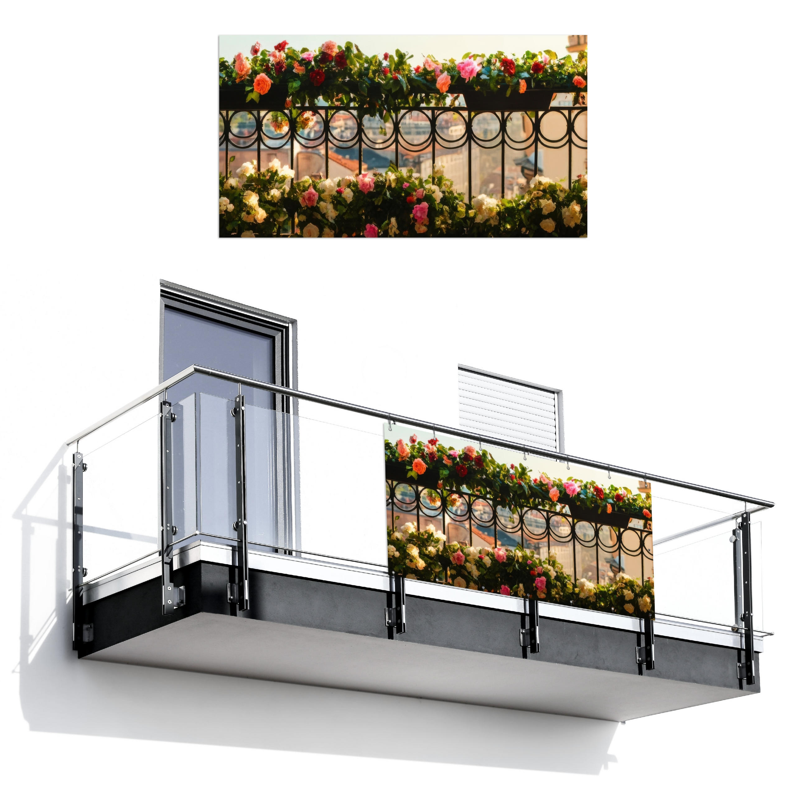 BALKON-SICHTSCHUTZ Blumen - Zaun - Stadtbild - Sommer - Pink, Kunststoff (200/110cm) - MuchoWow