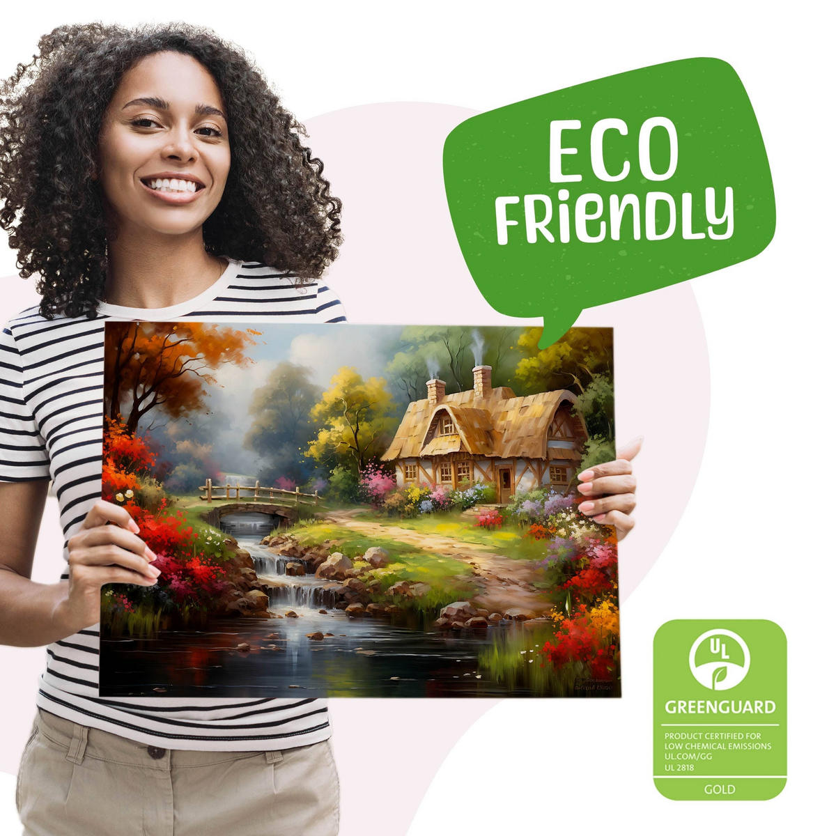 LEINWANDBILD ländlichem Häuschen Wald Natur Landschaft 120cm x 80cm - Beige/Rot, Textil (120/80cm) - Muralo