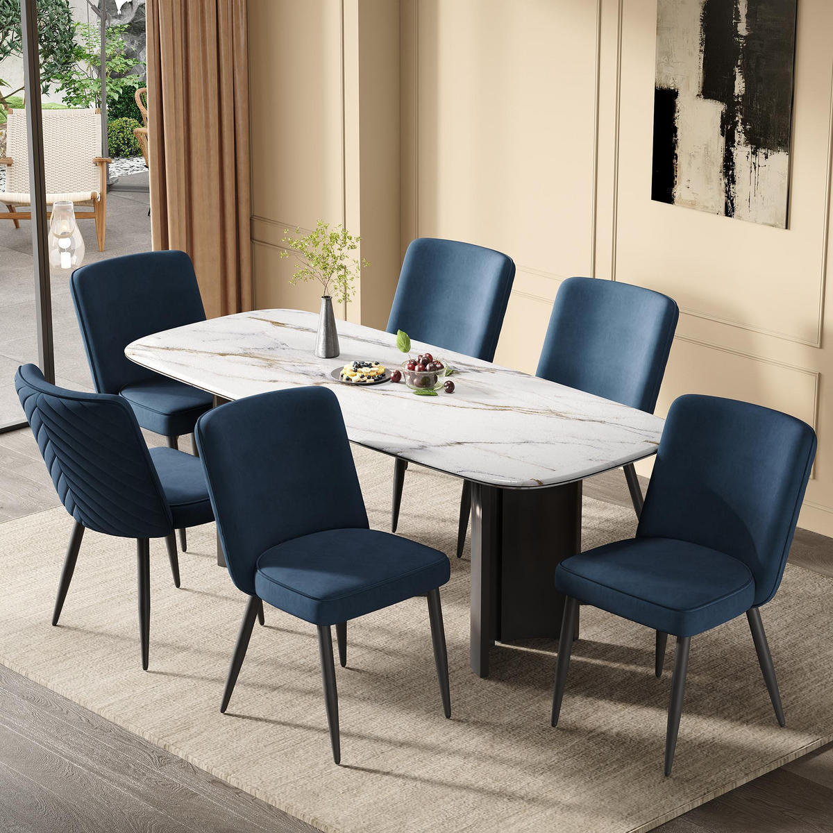 ESSZIMMERSTUHL 6 Stück, Samtstoff in Dunkelblau - Dunkelblau, Textil (48/85/63cm) - KOMHTOM