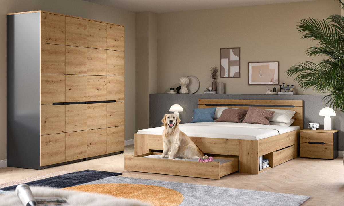 SCHLAFZIMMER Set 4-teilig Eiche Artisan, grau, Komplettset mit großem Kleiderschrank - Eiche Artisan/Grau, Holzwerkstoff/Metall - Inn.Furn