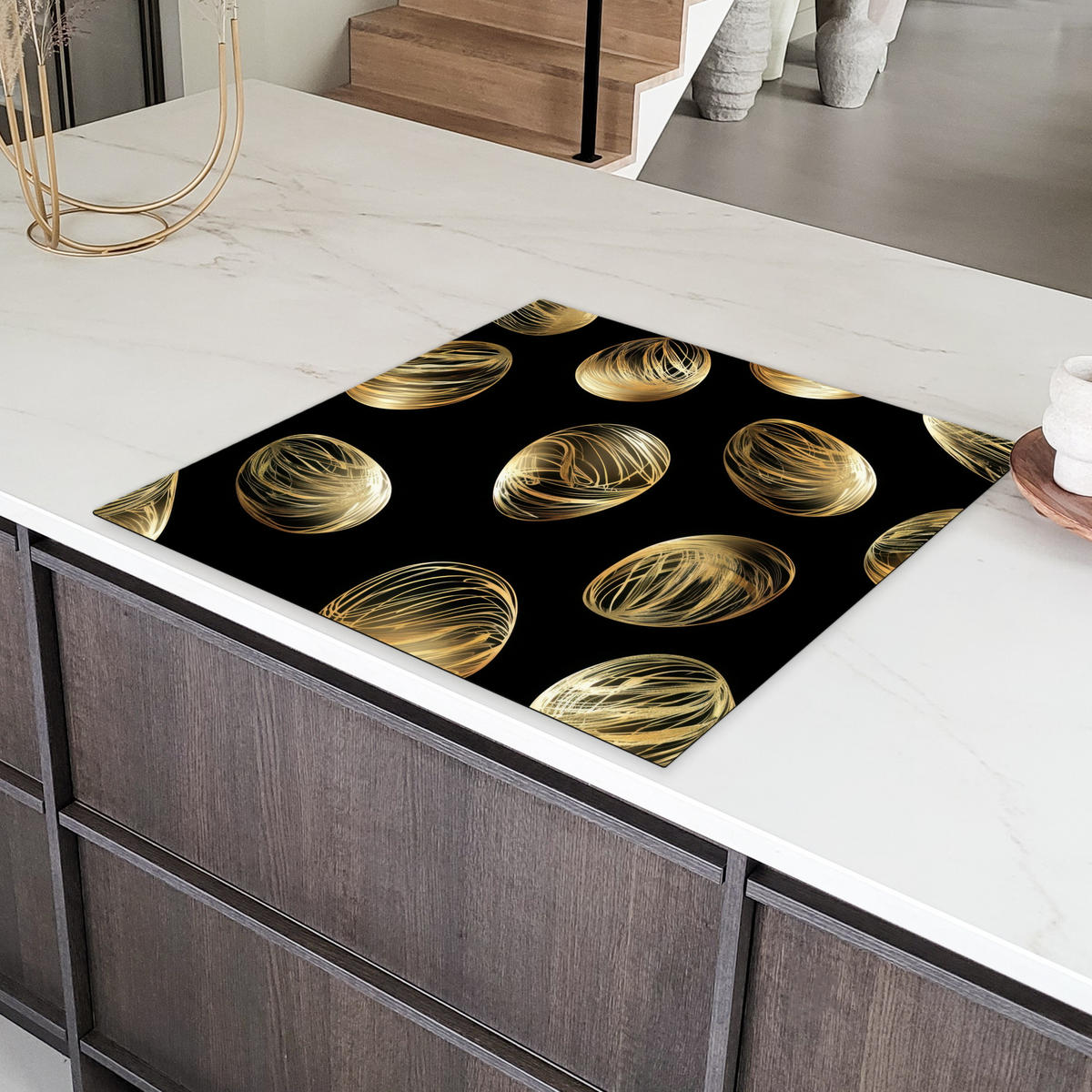 HERDABDECKPLATTE Eier - Gold - Muster Induktionsmatte 78x78 cm - Schwarz, Kunststoff (78/78/0.2cm) - MuchoWow