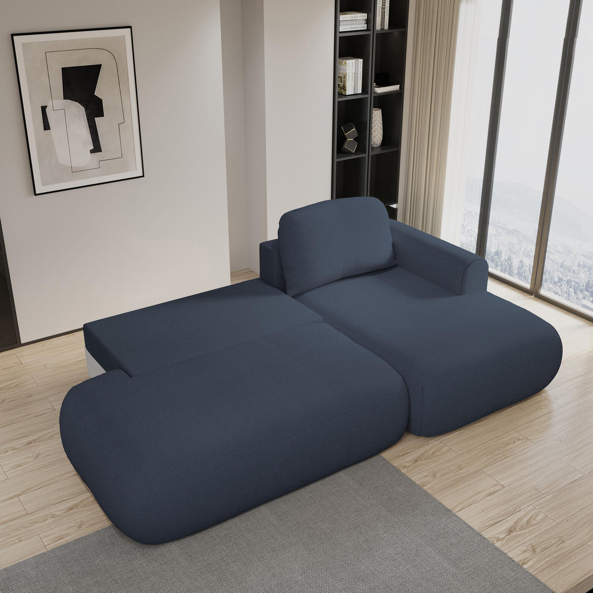 ECKSOFA NUVIRA R-S Blau Geflochtener Stoff mit Schlaffunktion - Blau, Holz (274/165cm) - MASSENO