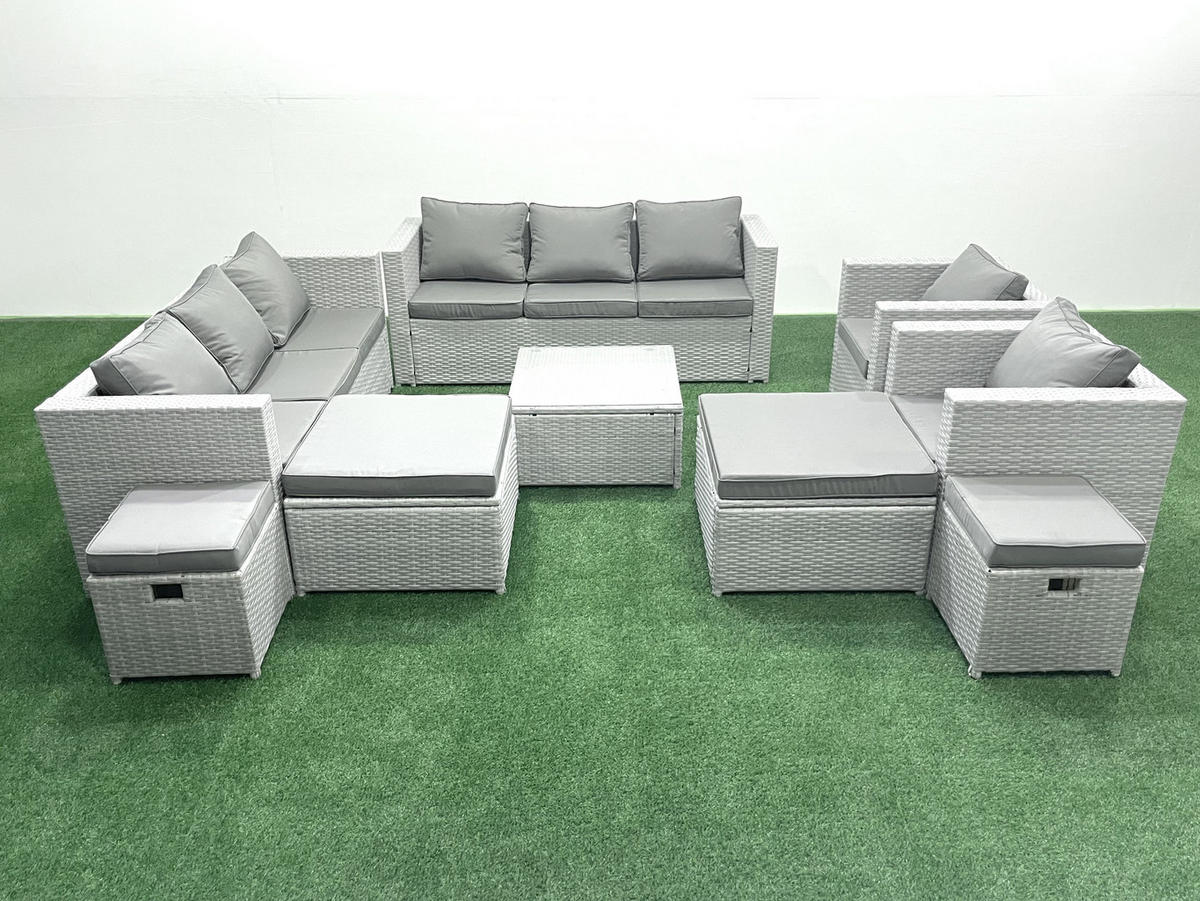GARTENMÖBELSET mit 3-SITZER SOFA,COUCHTISCH Polyrattan Hellgrau-Mix 12-Sitzer - Hellgrau/Grau, Glas/Kunststoff - Fimous