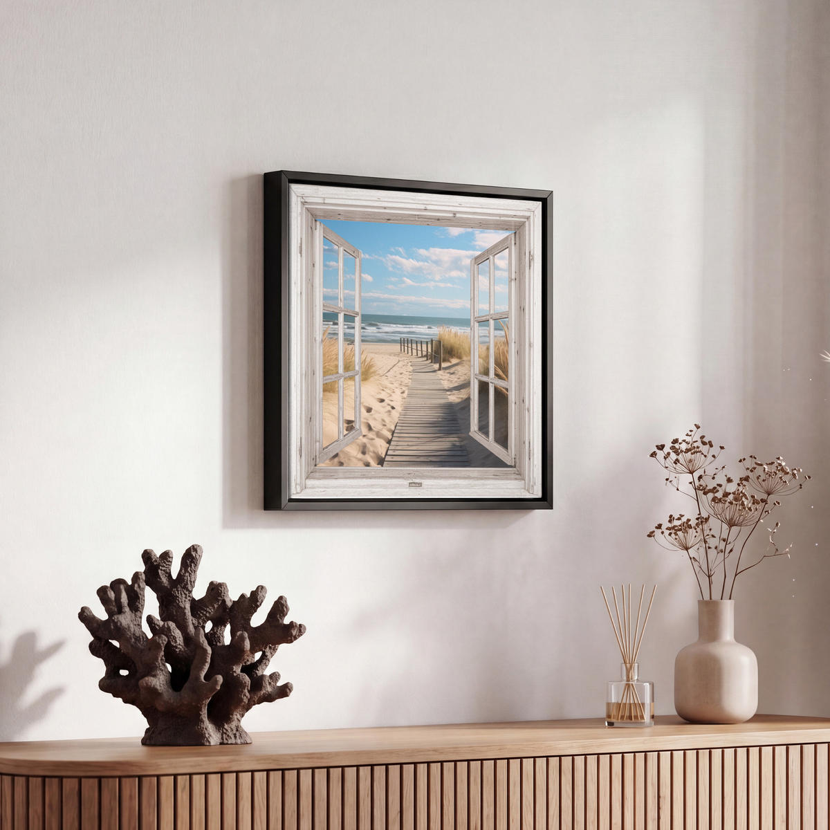 LEINWAND Bilder mit Rahmen - Fenster - Meer - Küste - Natur - Ausblick - Strand - Wattenmeer - 20x20 - Beige, Textil (20/20cm) - MuchoWow
