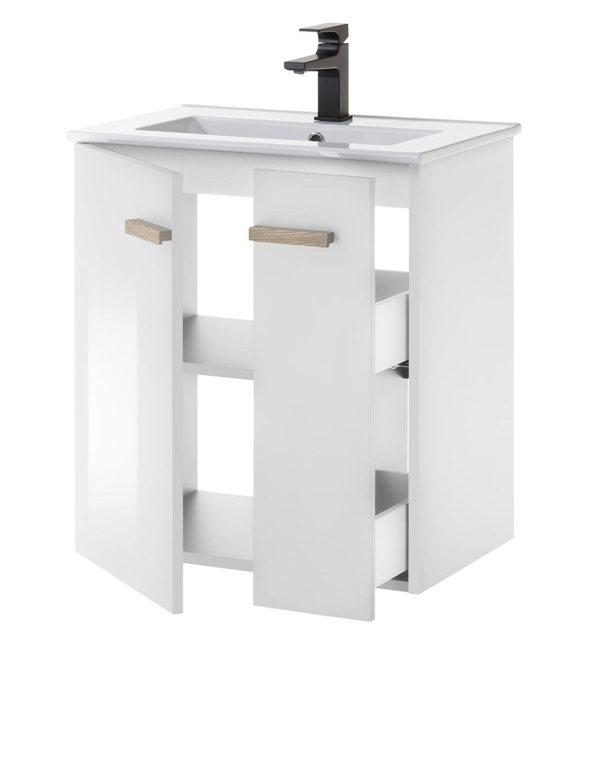 BADMÖBEL-SET weiß Hochglanz Lack, Eiche, Badkombination MIT Waschbecken, Badlampe 60 x 200 cm - Weiß Hochglanz/Eichefarben, Holzwerkstoff (60/200/40cm) - Furn.Design