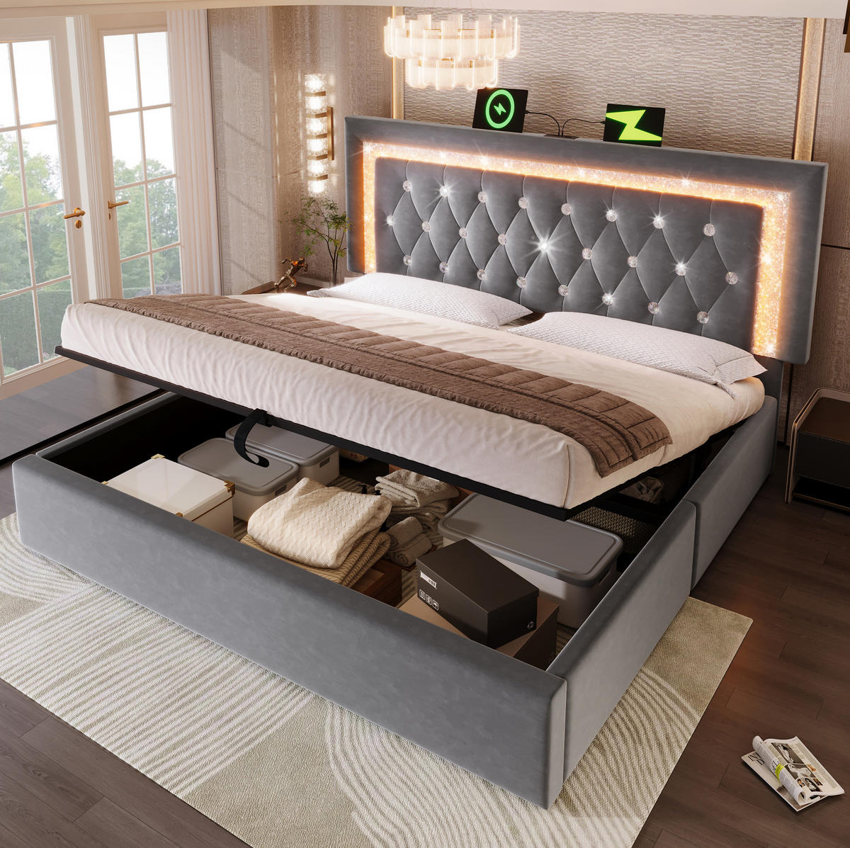 ČALÚNENÁ posteľ 160/200 cm zamat sivá, s LED, úložným priestorom, USB a matracom - sivá, textil (160/200cm) - BEAOK