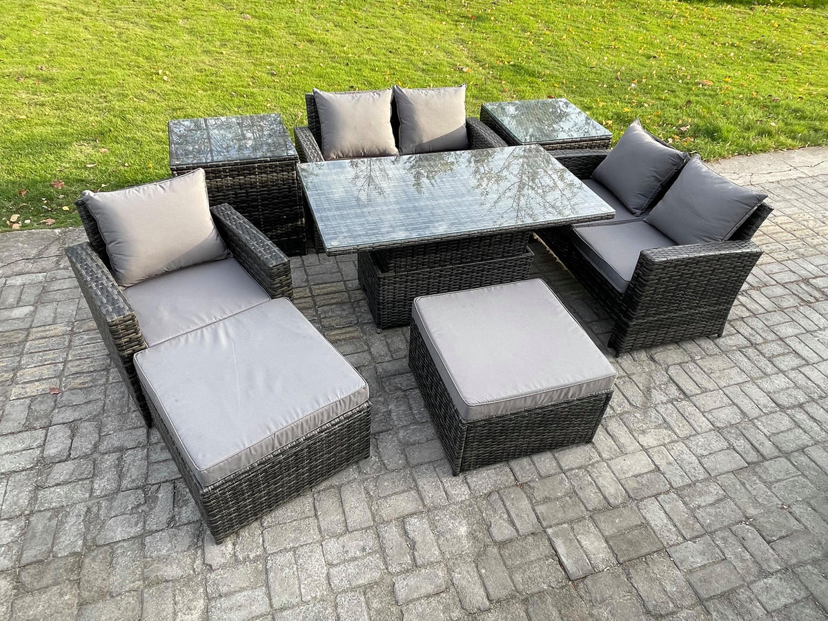 GARTENSOFA mit hoher Rückenlehne Polyrattan Dunkelgrau 7-Sitzer - Dunkelgrau, Metall - Fimous