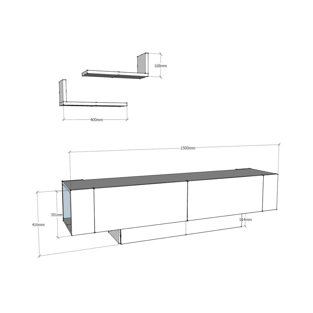 TV-MÖBEL mit 2 Türen und 2 weißen Wandregalen, Länge 150 cm - Matera - Weiß, Holzwerkstoff (31.5/41.6/150cm) - Calicosy