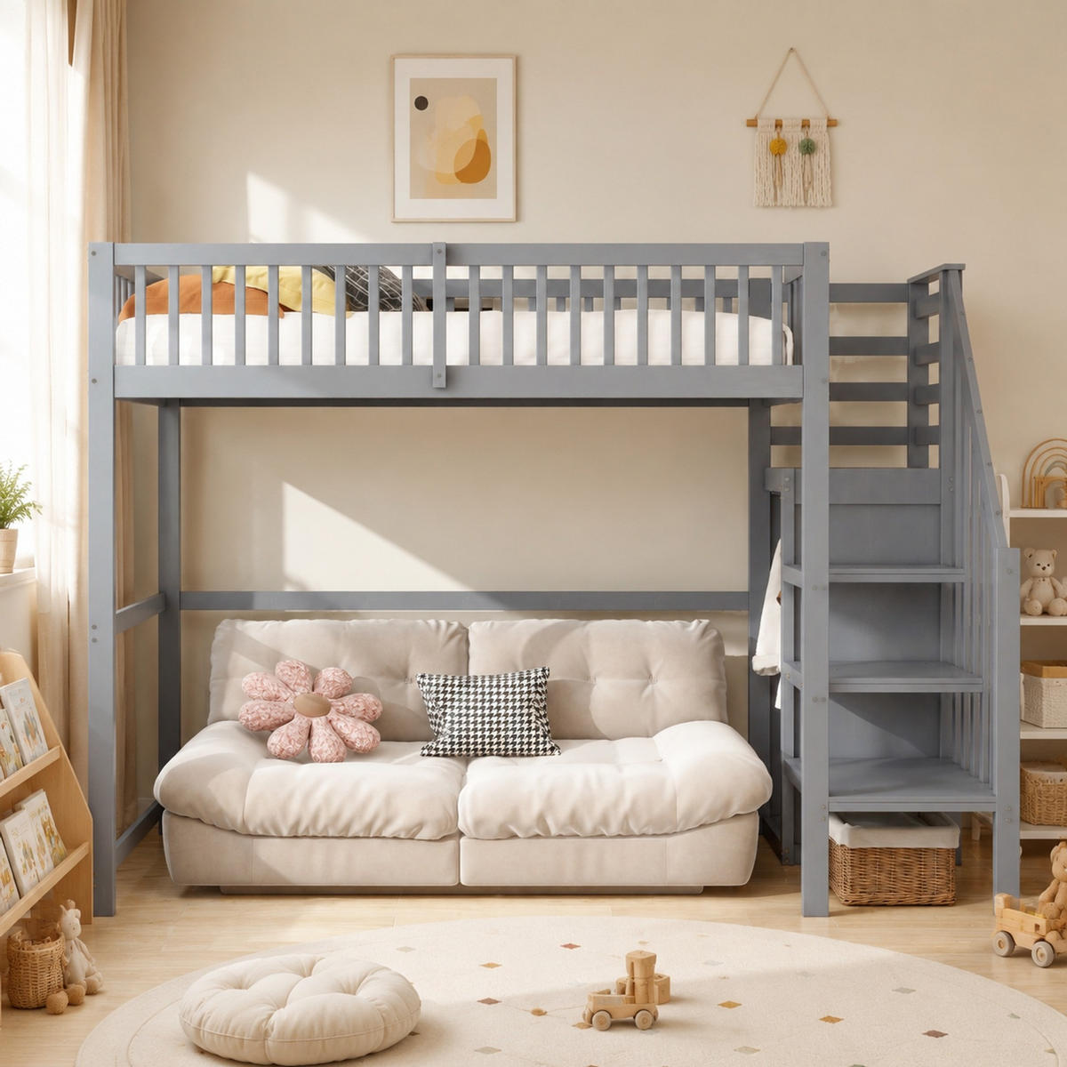 HOCHBETT 90/200 mit Treppe, Kleiderschrank und Aufbewahrungsregal in Grau - Grau, Holz/Holzwerkstoff (90/200cm) - EVRYAE
